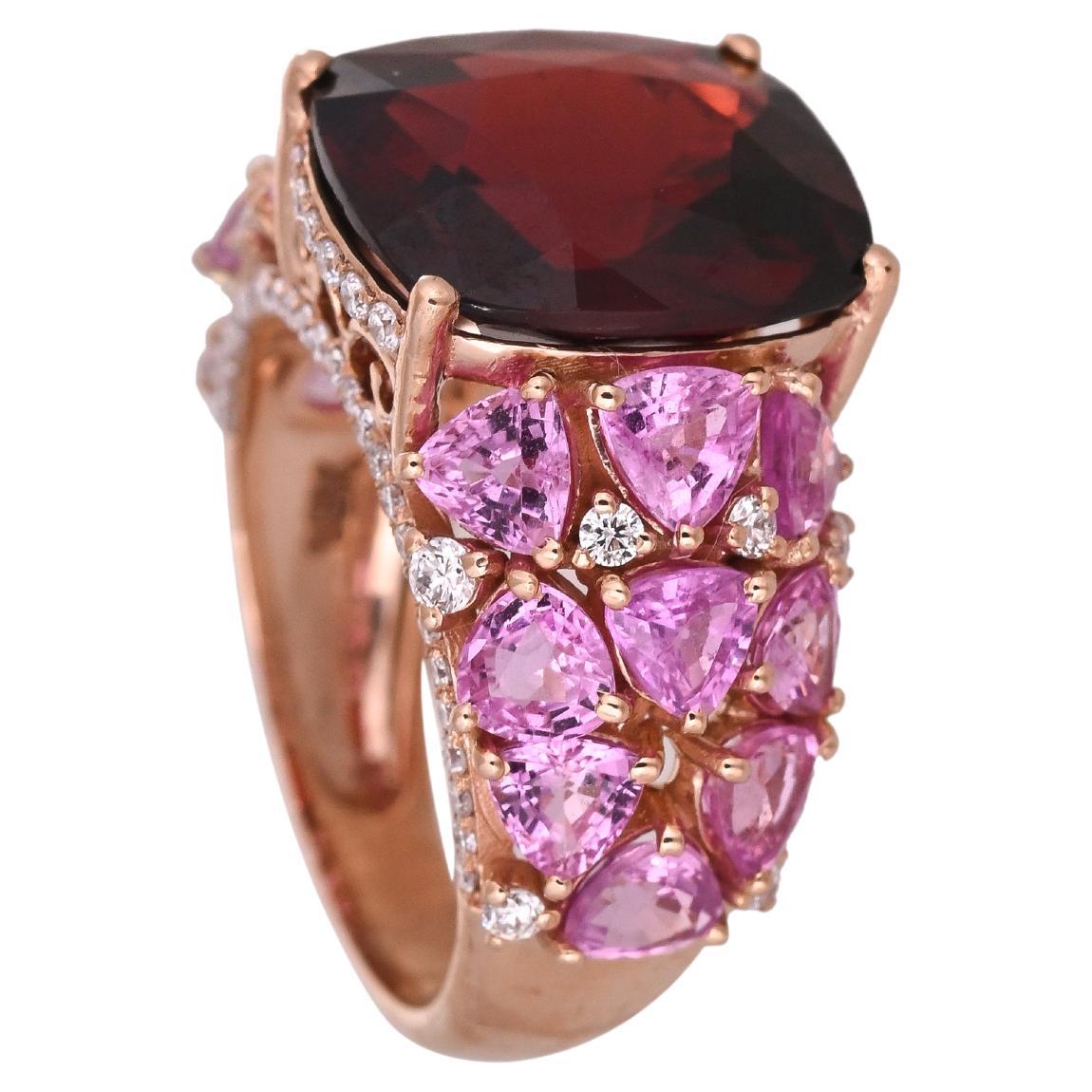 Set in 18K Gold, 8.63 carats Garnet, Pink Sapphires & Diamonds Engagement Ring