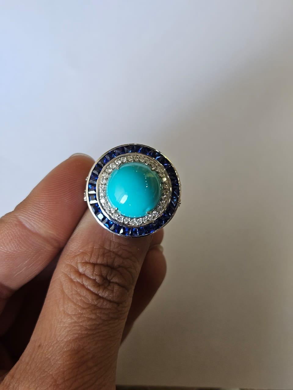 Art Deco Set in 18K Gold, 8.65 carats Turquoise, Blue Sapphires & Diamonds Cocktail Ring For Sale