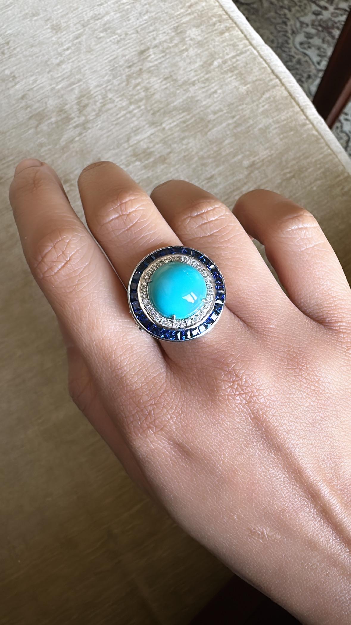 Set in 18K Gold, 8.65 carats Turquoise, Blue Sapphires & Diamonds Cocktail Ring For Sale 2