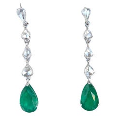 Set in 18K Gold, 8.70 carats, Zambian Emeralds & Rose cut Diamonds Drop Earrings