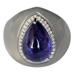 Set in 18K Gold, 8.74 carats Tanzanite, Chalcedony 
Diamonds Cocktail Ring