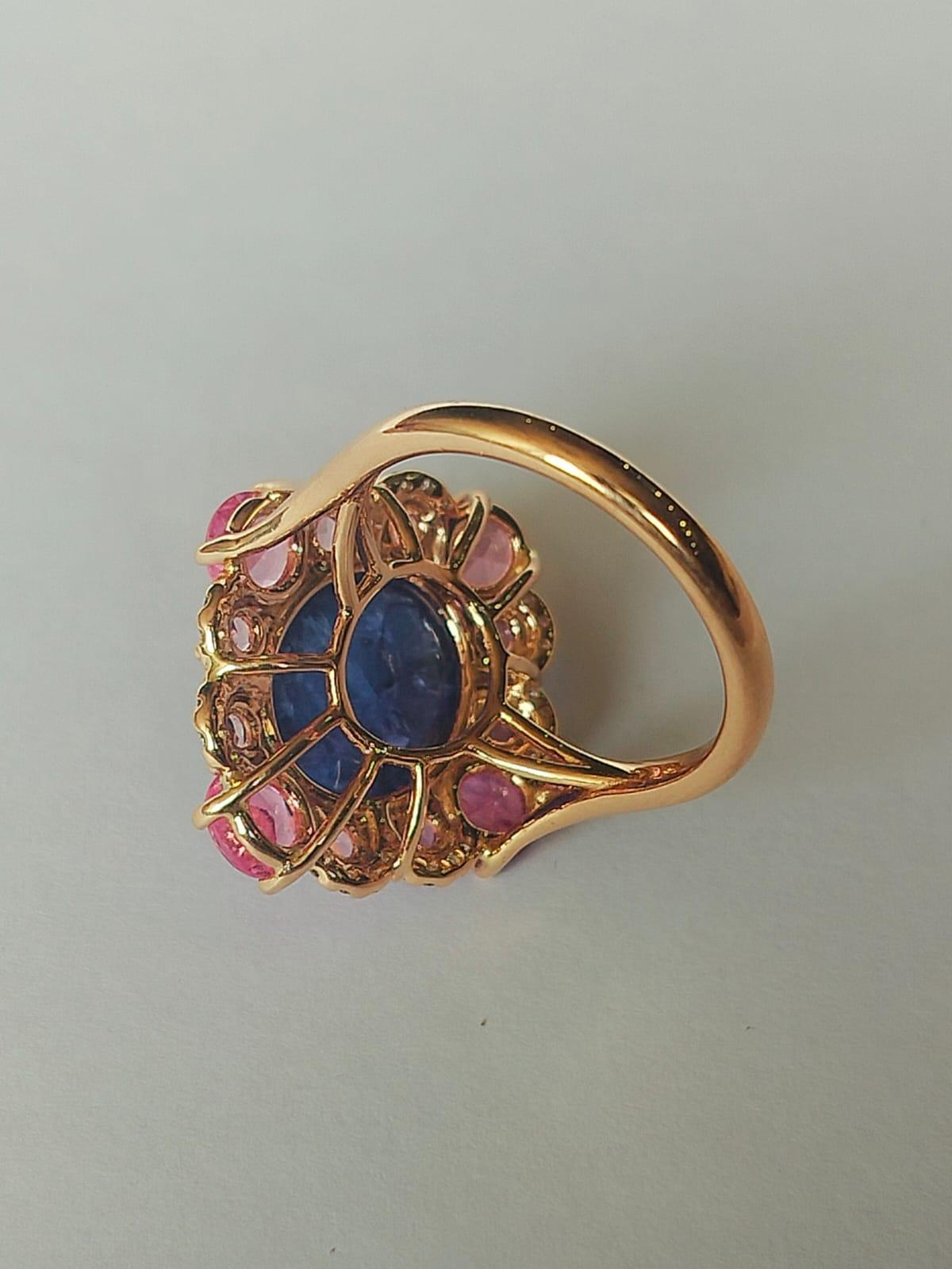 Cabochon Set in 18K Gold, 9.00 Carats Tanzanite, Pink Sapphire & Diamond Cocktail Ring  For Sale