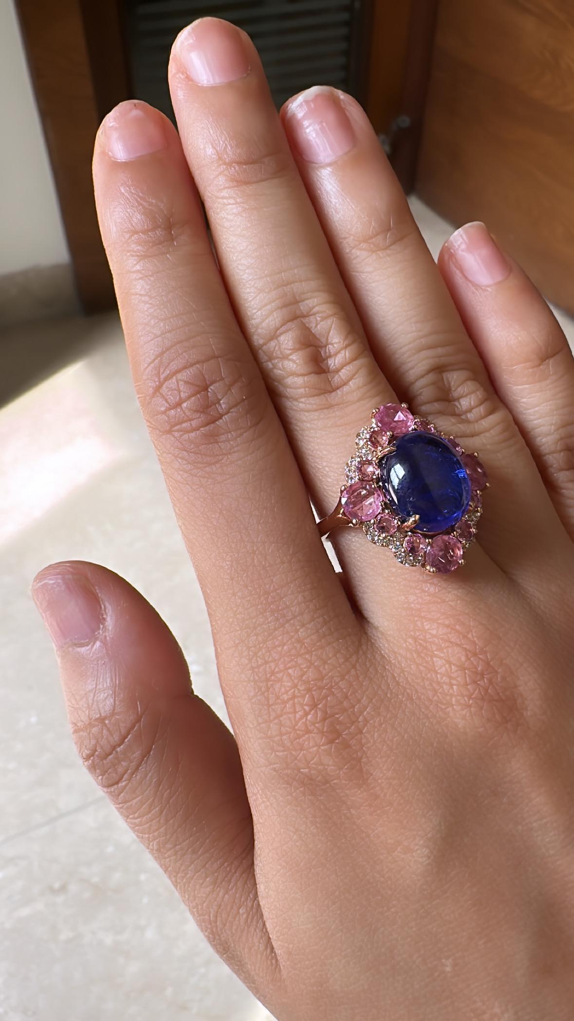 Set in 18K Gold, 9.00 Carats Tanzanite, Pink Sapphire & Diamond Cocktail Ring  For Sale 1