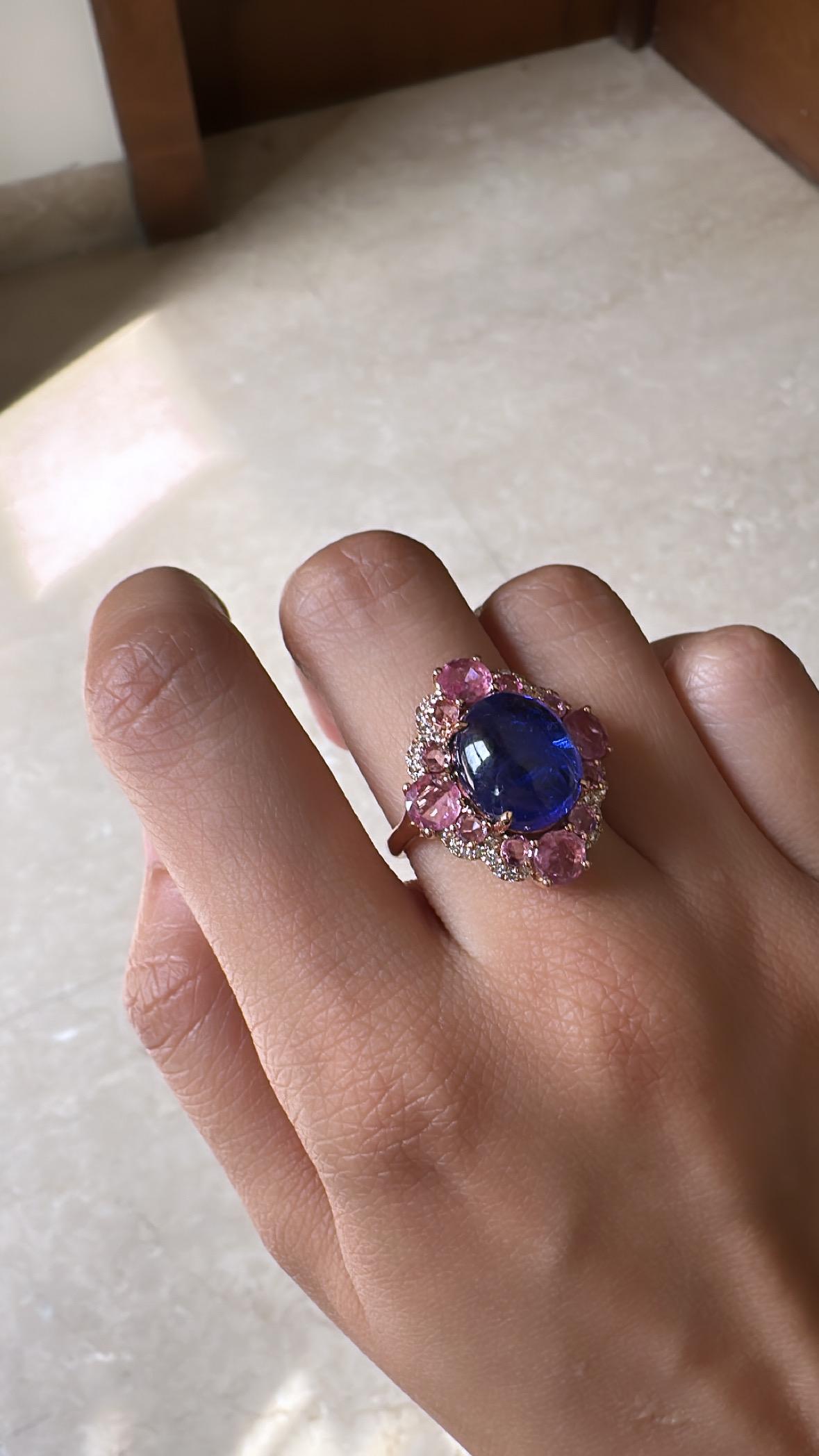 Set in 18K Gold, 9.00 Carats Tanzanite, Pink Sapphire & Diamond Cocktail Ring  For Sale 2