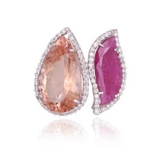 Set in 18K Gold, 9.05 carats Morganite, Mozambique Ruby & Diamonds Cocktail Ring