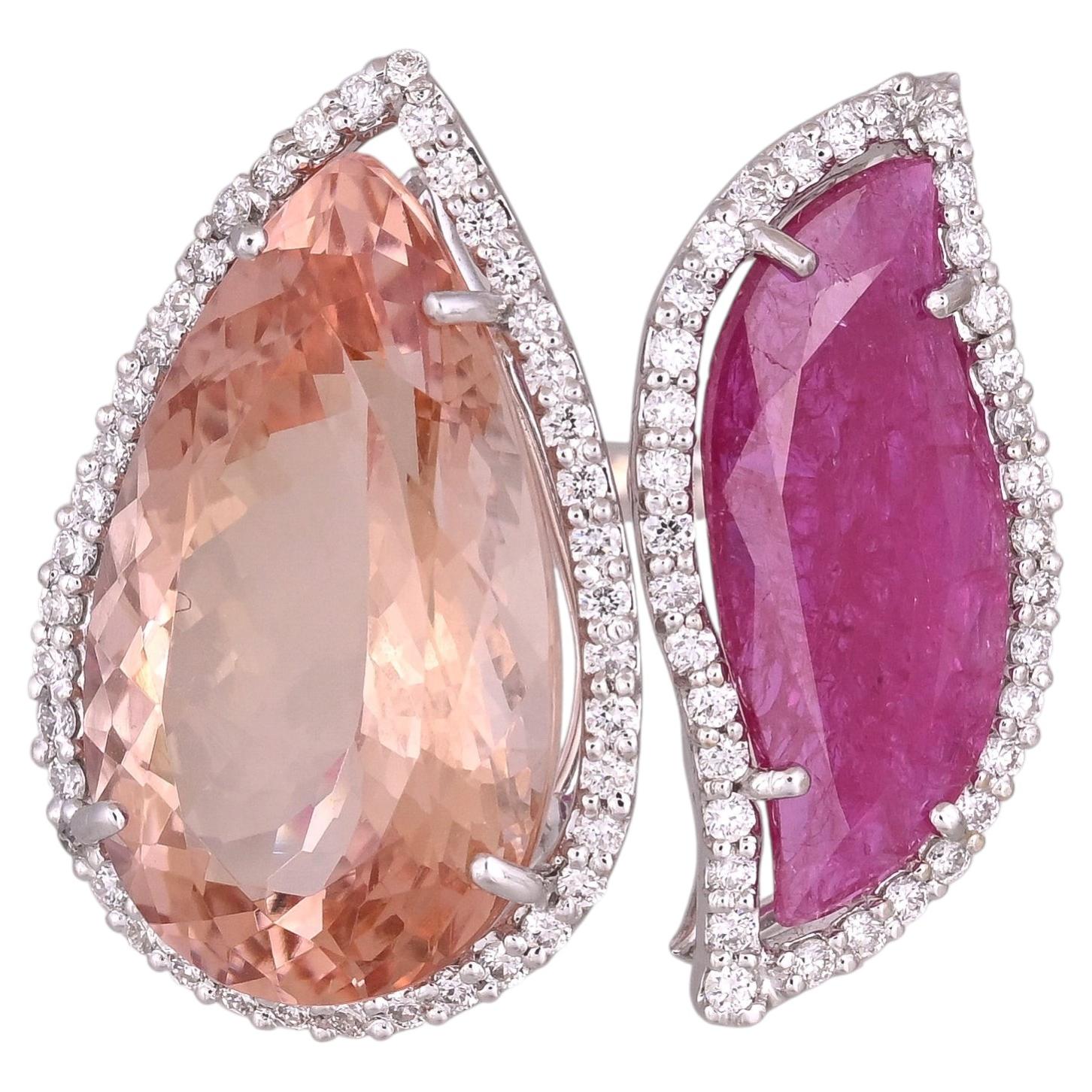Set in 18K Gold, 9.05 carats Morganite, Mozambique Ruby & Diamonds Cocktail Ring