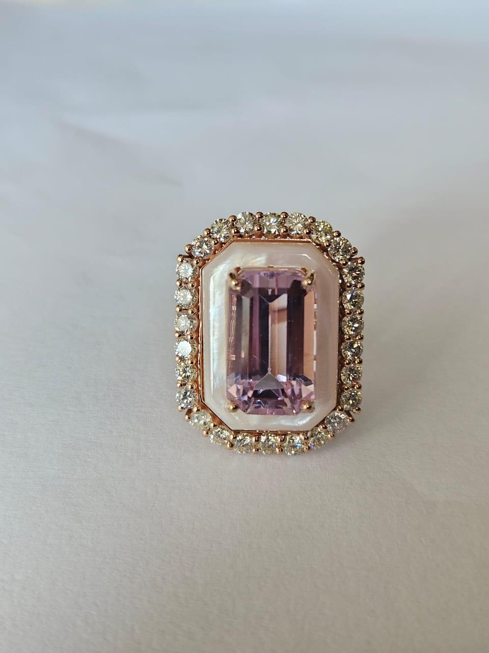 Emerald Cut Set in 18K Gold, 9.08 carat Kunzite, Mother of Pearl & Diamonds Engagement Ring For Sale
