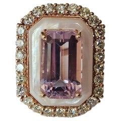 Set in 18K Gold, 9.08 carat Kunzite, Mother of Pearl & Diamonds Engagement Ring
