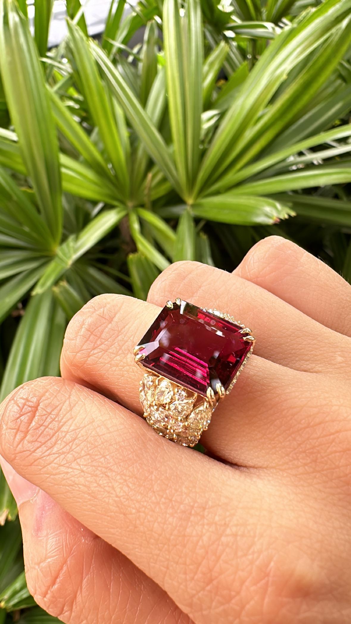 Set in 18K Gold, 9.17 carats Rubellite & Yellow Diamond Engagement Cocktail Ring 5