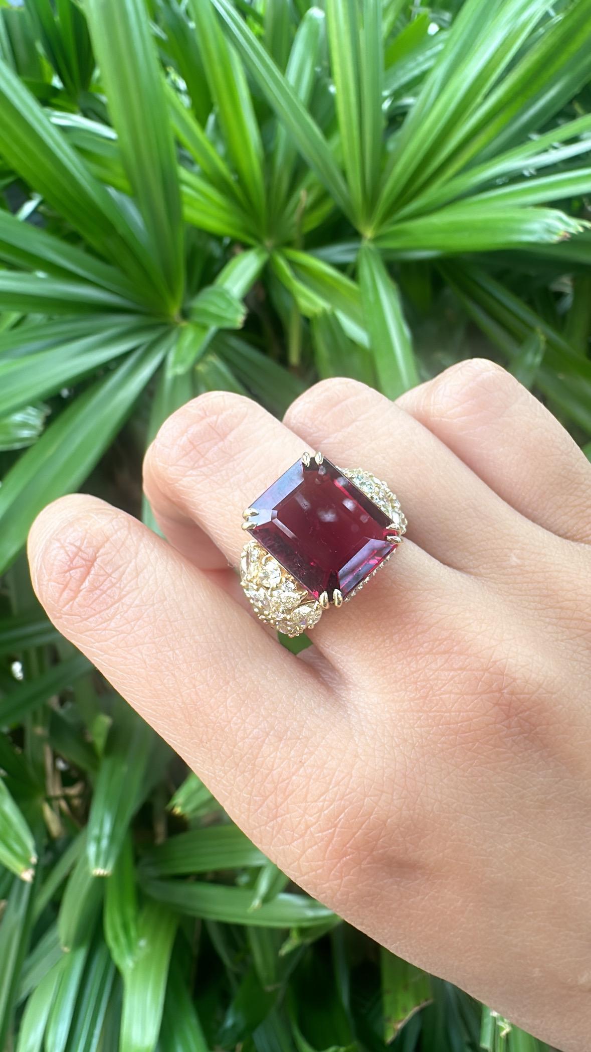 Set in 18K Gold, 9.17 carats Rubellite & Yellow Diamond Engagement Cocktail Ring 6
