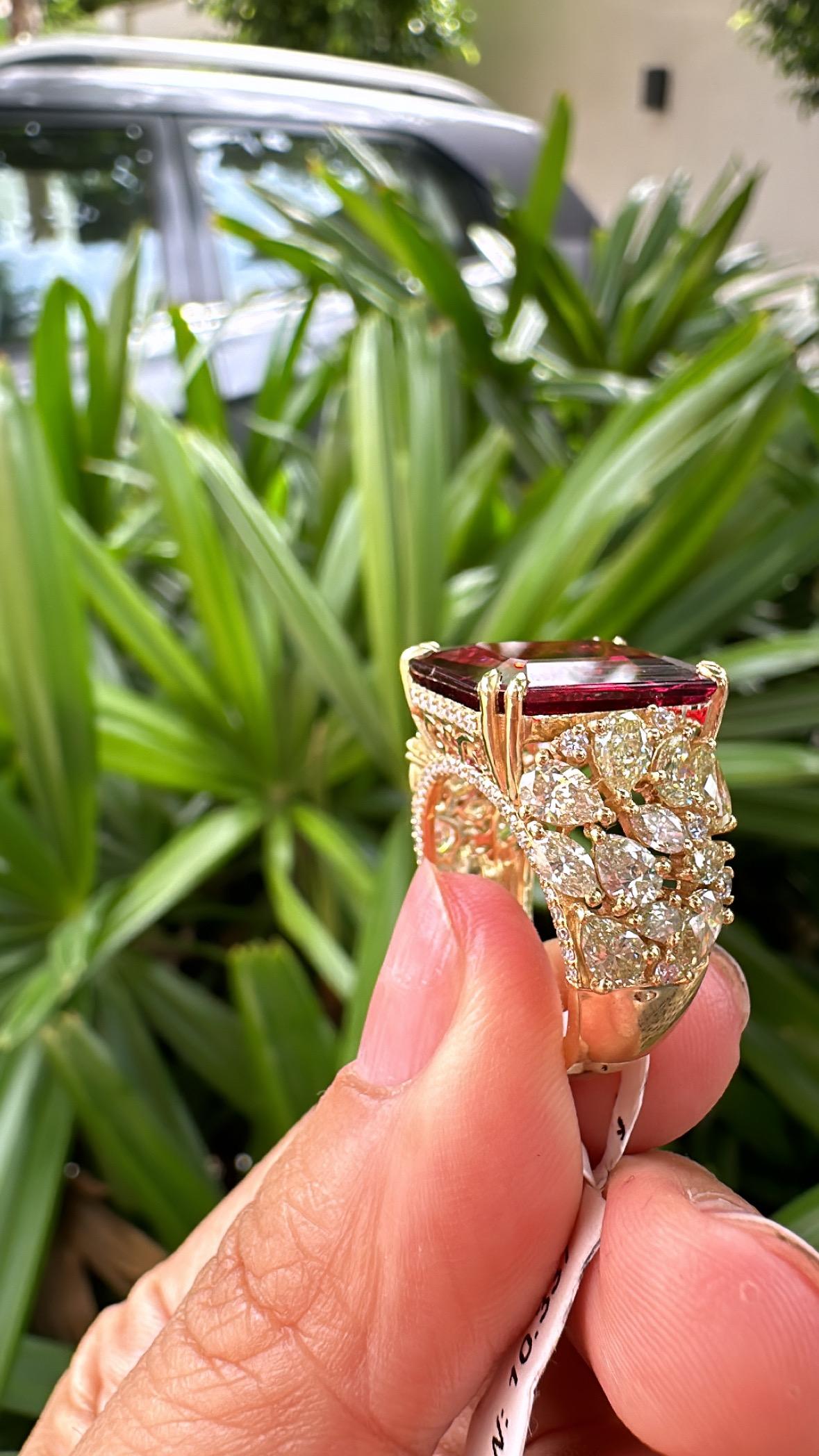 Set in 18K Gold, 9.17 carats Rubellite & Yellow Diamond Engagement Cocktail Ring 2