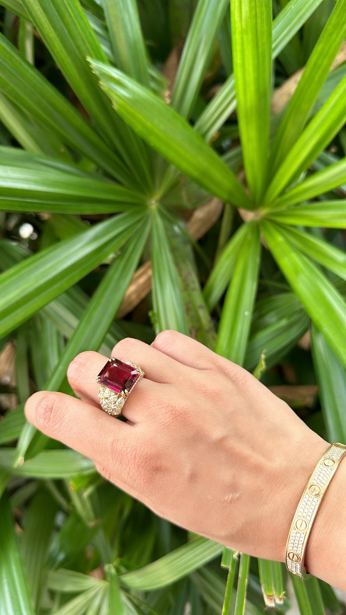 Set in 18K Gold, 9.17 carats Rubellite & Yellow Diamond Engagement Cocktail Ring 3