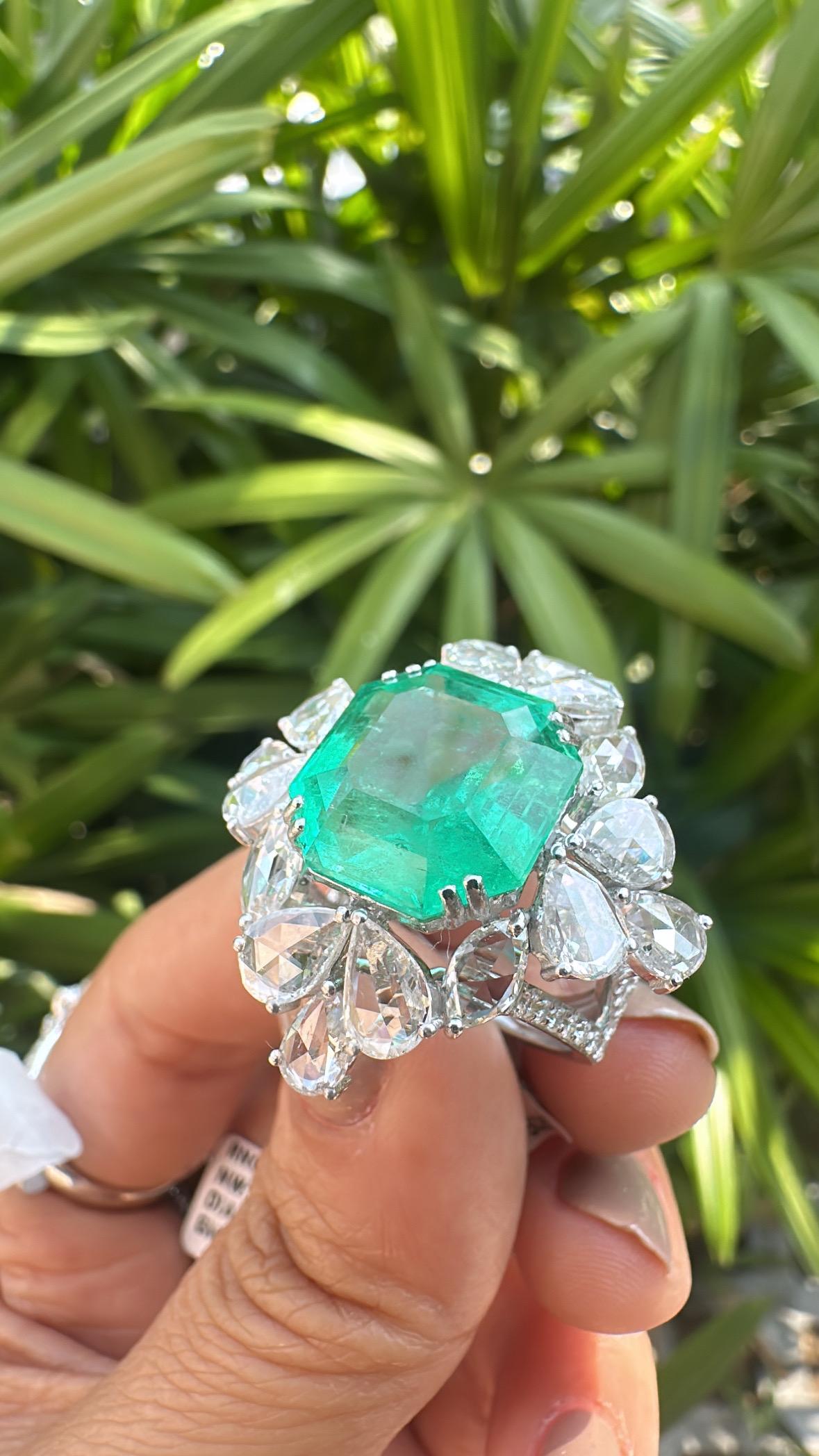Bague de fiançailles en or 18 carats, émeraude colombienne de 9,22 carats et diamant de taille rose en vente 1