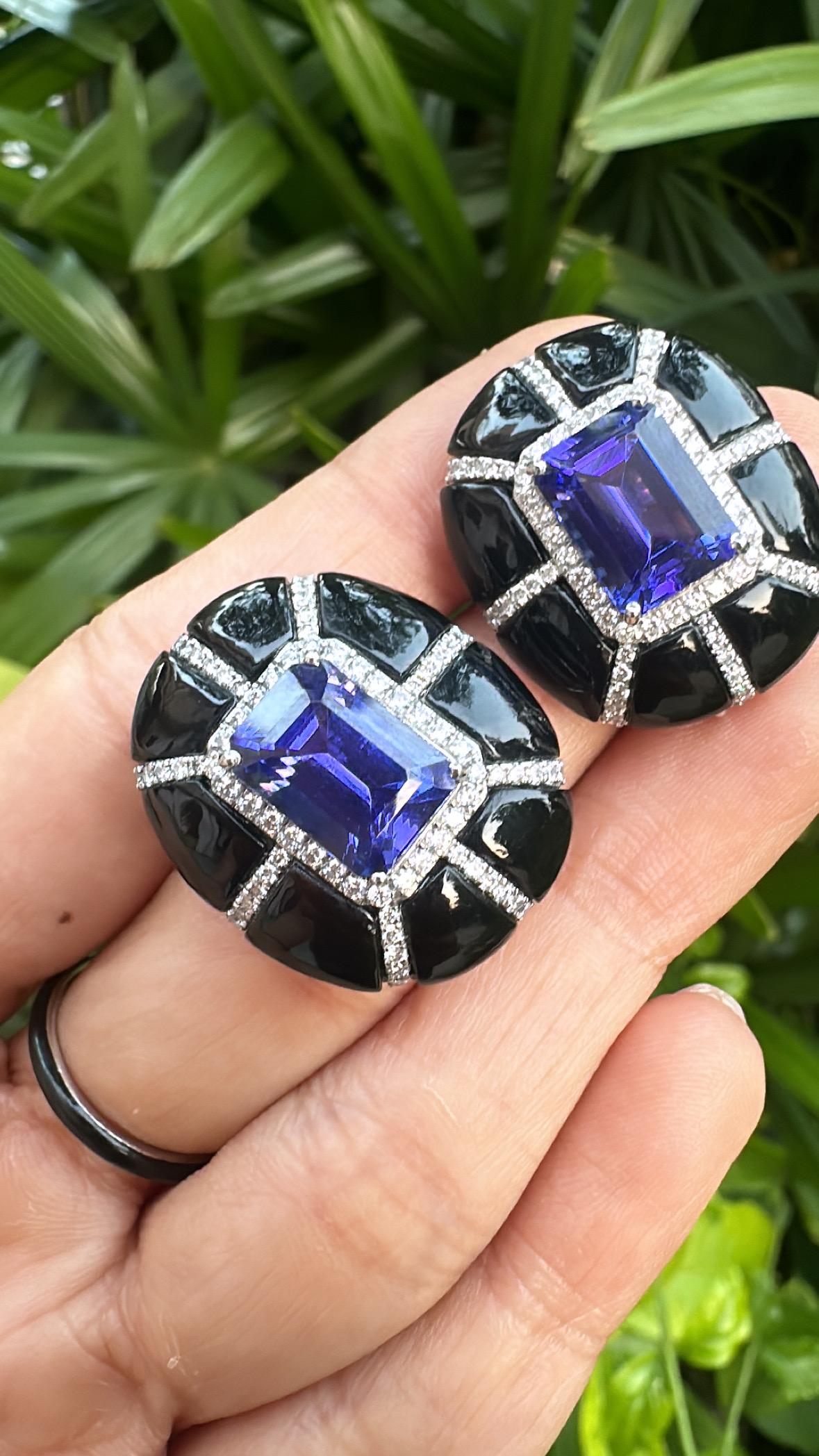 Pendientes de oro de 18 quilates, tanzanita de 9,24 quilates, ónice negro y diamantes en venta 5