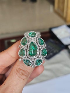 Set in 18K Gold, 9.35 carats, natural Zambian Emeralds & Diamonds Cocktail Ring