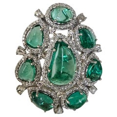 Set in 18K Gold, 9.35 carats, natural Zambian Emeralds & Diamonds Cocktail Ring