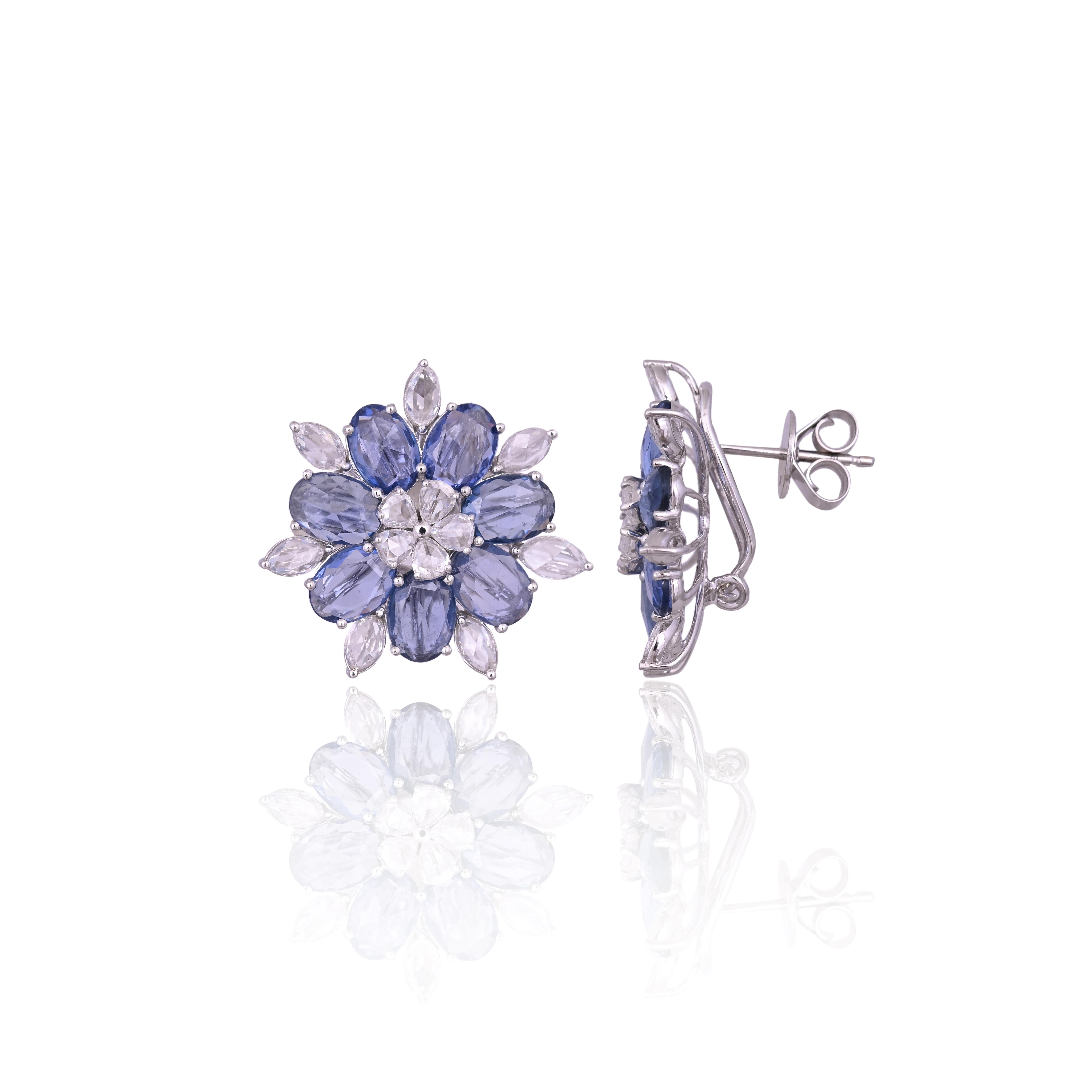 Clous d'oreilles en or 18 carats, saphirs bleus et diamants taille rose de 9,42 carats en vente 7