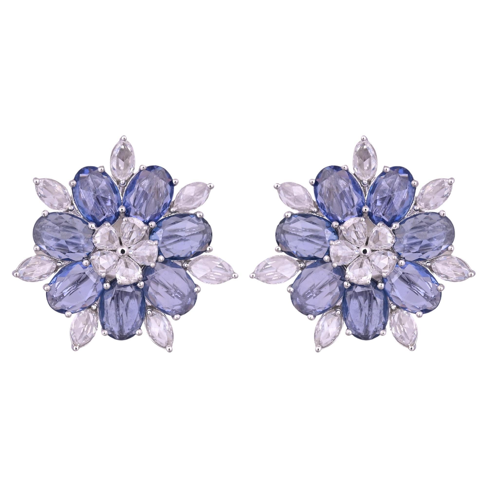 Set in 18K Gold, 9.42 carats Blue Sapphires & Rose Cut Diamonds stud Earrings