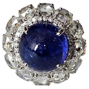 Set in 18K Gold, 9.66 carat Tanzanite Cabochon & Rose Cut Diamonds Cocktail Ring