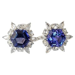 Set in 18K Gold, 9.83 carat Hexagon Tanzanites & Rose Cut Diamonds Stud Earrings