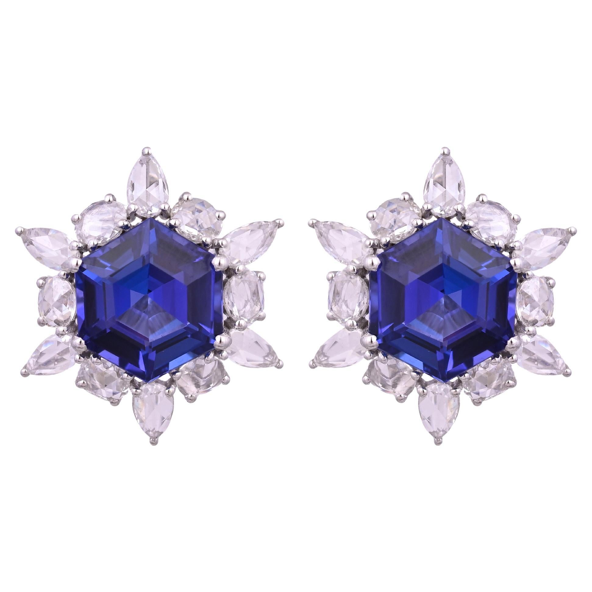 Set in 18K Gold, 9.83 carat Hexagon Tanzanites & Rose Cut Diamonds Stud Earrings For Sale