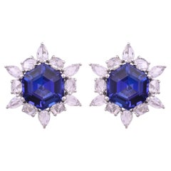 Set in 18K Gold, 9.83 carat Hexagon Tanzanites & Rose Cut Diamonds Stud Earrings