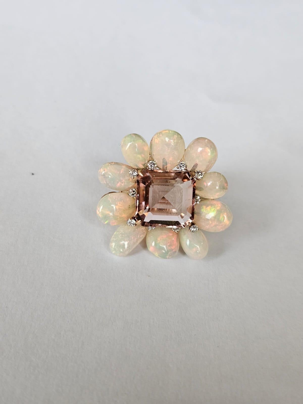 Set in 18K Gold, 9.87 carats Tourmaline, Ethiopian Opal & Diamonds Cocktail Ring For Sale 2