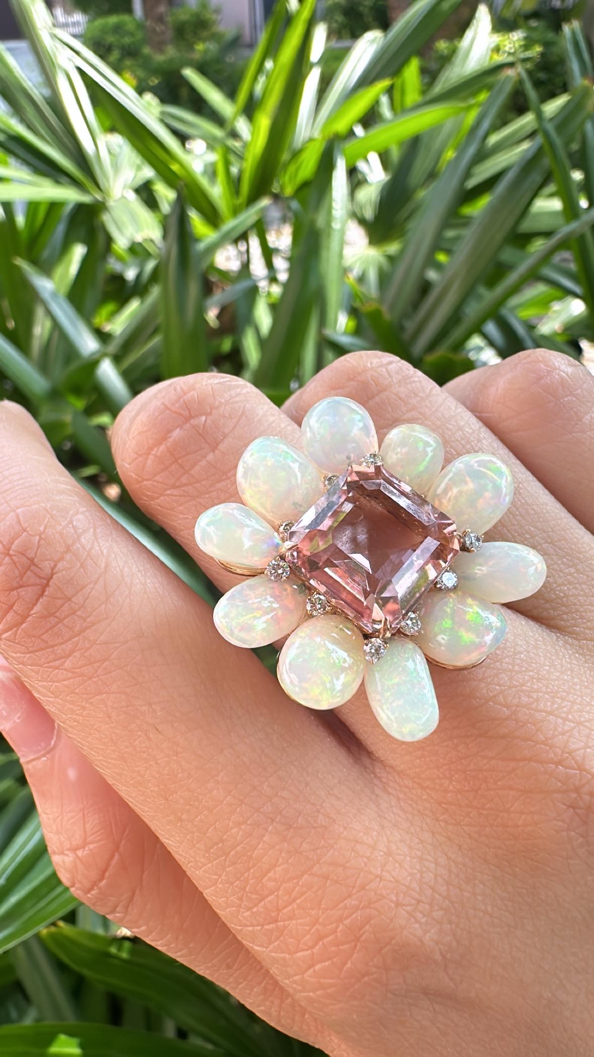 Square Cut Set in 18K Gold, 9.87 carats Tourmaline, Ethiopian Opal & Diamonds Cocktail Ring For Sale