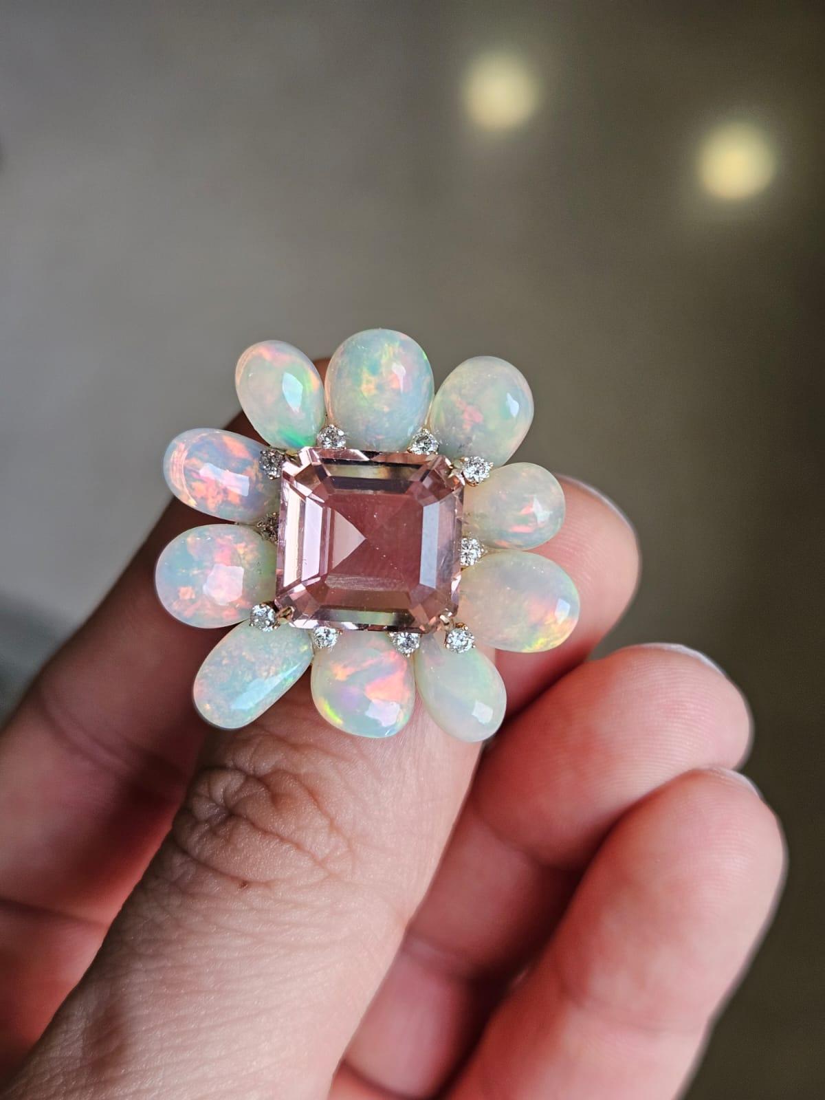 Set in 18K Gold, 9.87 carats Tourmaline, Ethiopian Opal & Diamonds Cocktail Ring For Sale 1