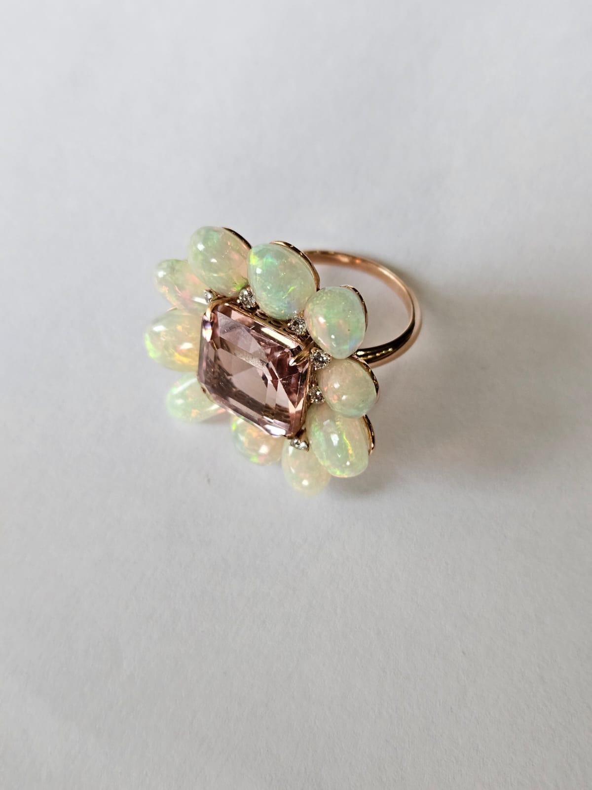 Set in 18K Gold, 9.87 carats Tourmaline, Ethiopian Opal & Diamonds Cocktail Ring For Sale 3