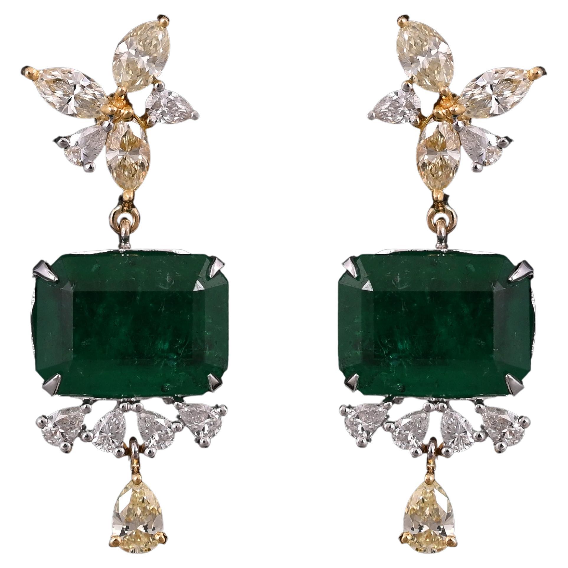 Set in 18k Gold, 9.88 Carats, Zambian Emerald & Yellow Diamonds Dangle Earrings