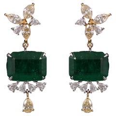 Set in 18k Gold, 9.88 Carats, Zambian Emerald & Yellow Diamonds Dangle Earrings