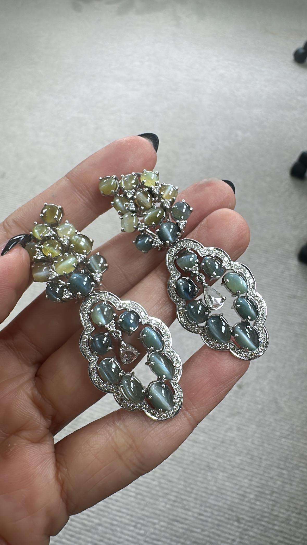 Boucles d'oreilles chandelier en or 18 carats, alexandrite œil de chat et diamants taille rose Unisexe en vente
