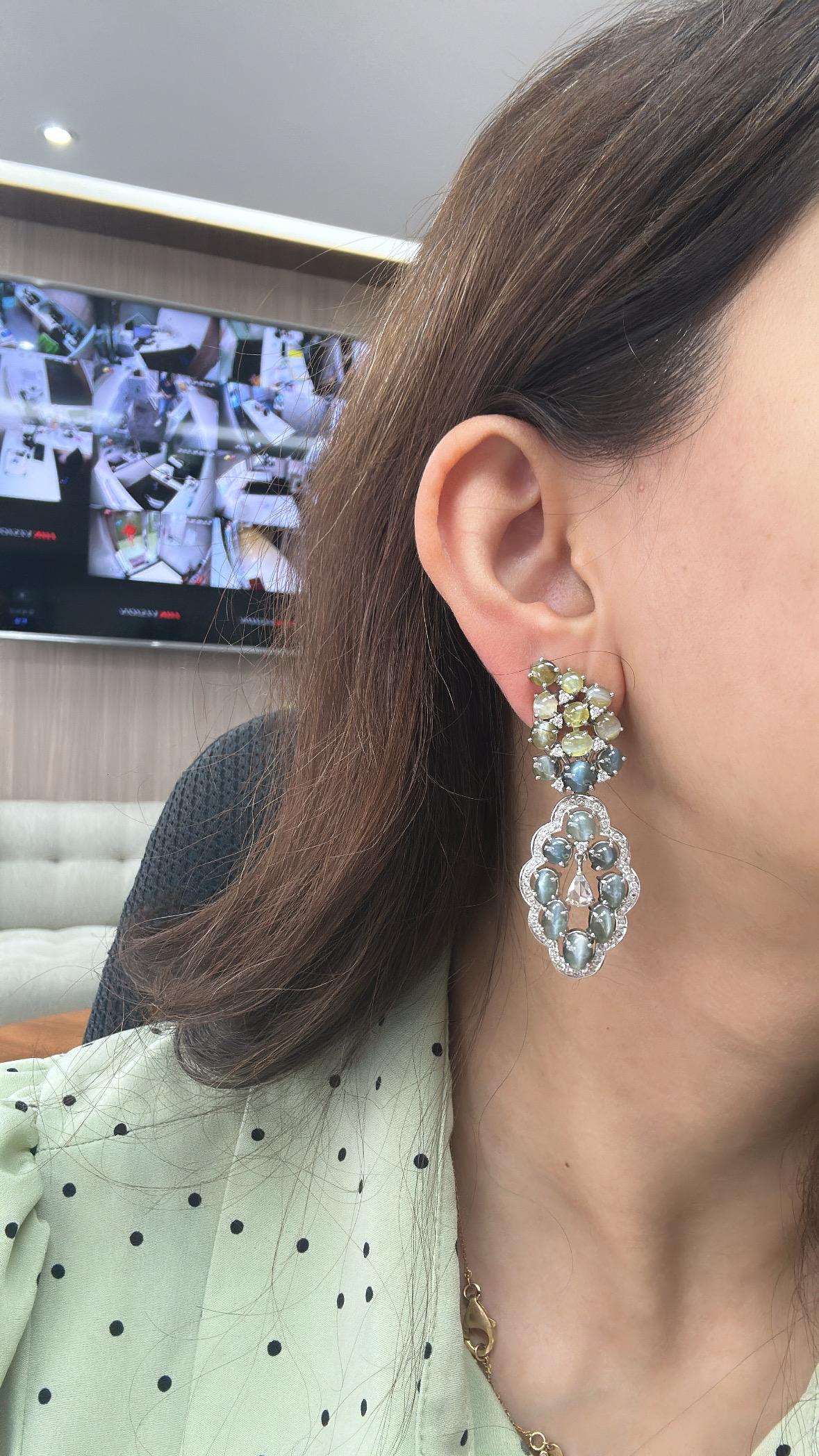 Boucles d'oreilles chandelier en or 18 carats, alexandrite œil de chat et diamants taille rose en vente 2