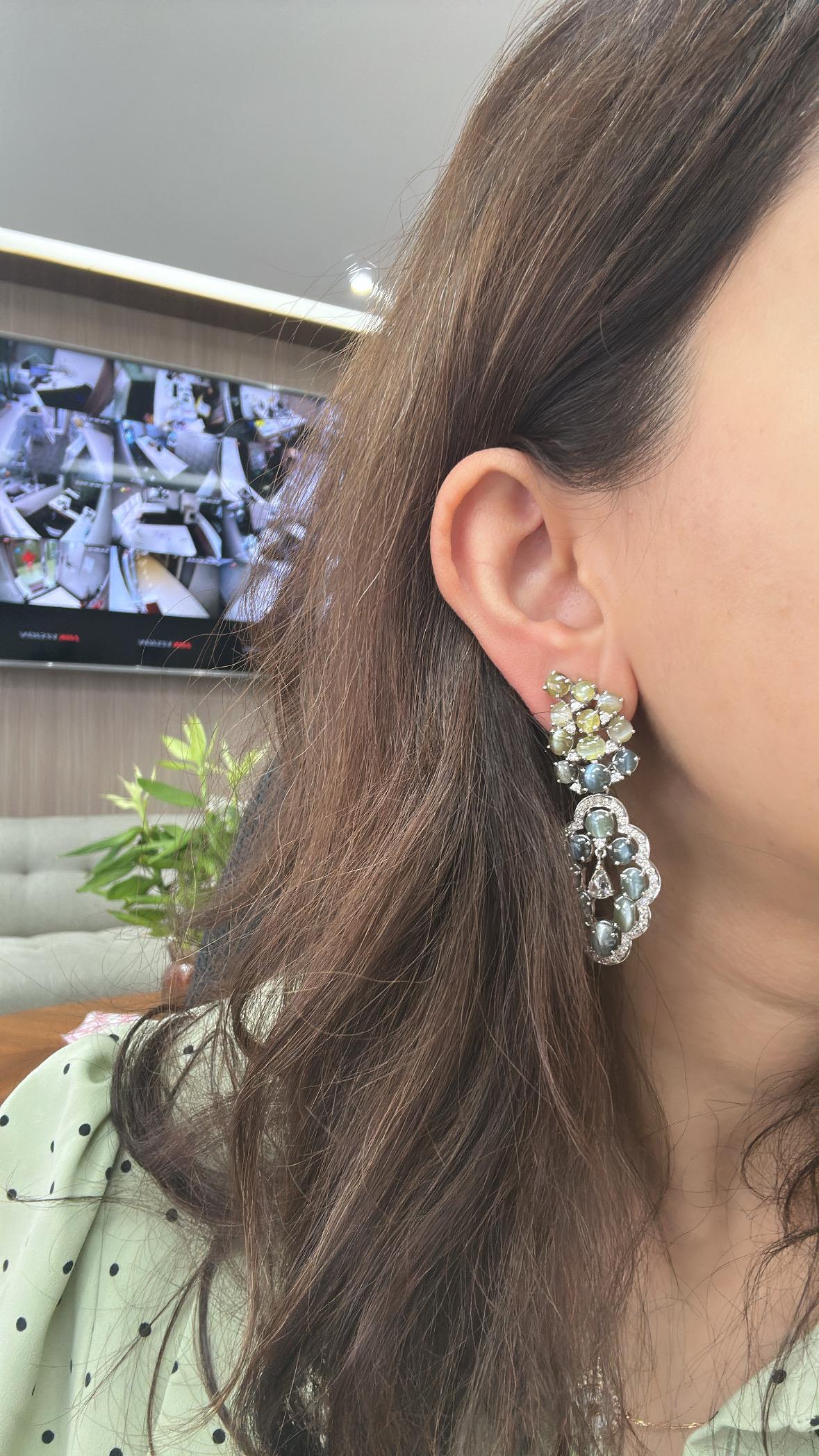 Boucles d'oreilles chandelier en or 18 carats, alexandrite œil de chat et diamants taille rose en vente 3