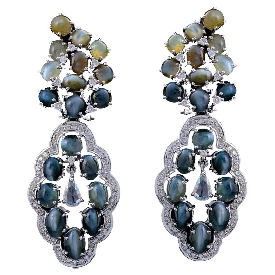 Set in 18K Gold, Alexandrite Cat's Eye and Rose Cut Diamonds Chandelier Earrings