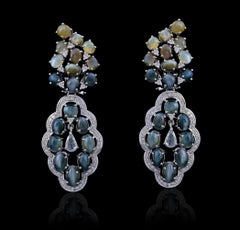 Set in 18K Gold, Alexandrite Cat's Eye and Rose Cut Diamonds Chandelier Earrings