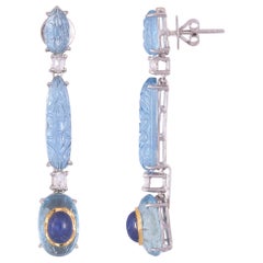 18K Gold Aquamarine Blue Sapphire & Rose Cut Diamond Chandelier Earrings