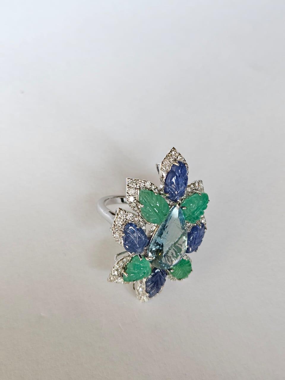 Pear Cut Set in 18K Gold, Aquamarine, Blue Sapphires, Emeralds & Diamonds Cocktail Ring For Sale