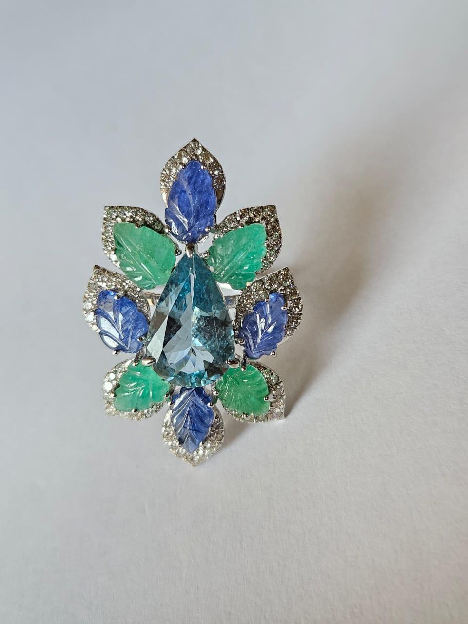 Set in 18K Gold, Aquamarine, Blue Sapphires, Emeralds & Diamonds Cocktail Ring In New Condition For Sale In Hong Kong, HK