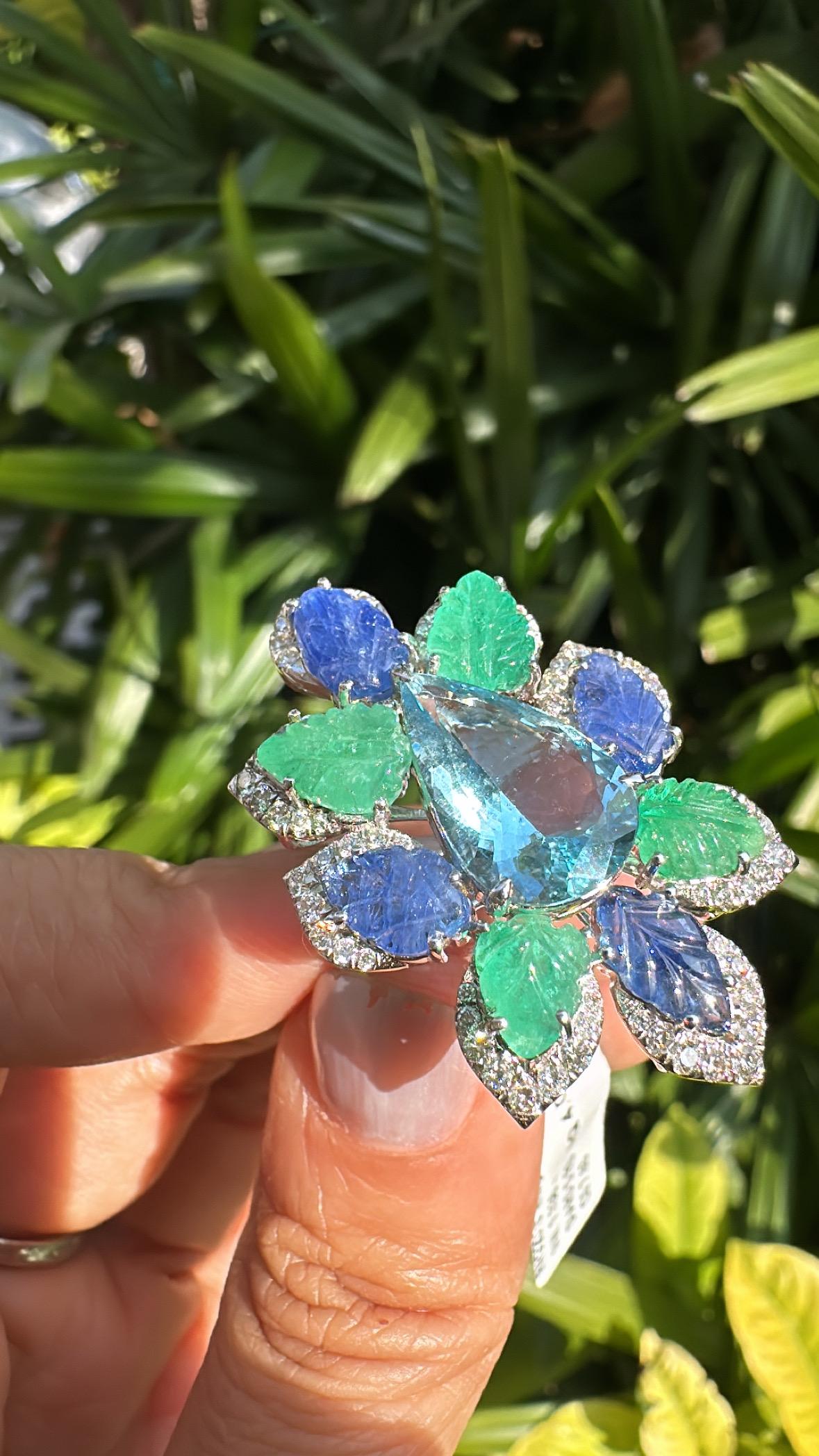Women's or Men's Set in 18K Gold, Aquamarine, Blue Sapphires, Emeralds & Diamonds Cocktail Ring For Sale