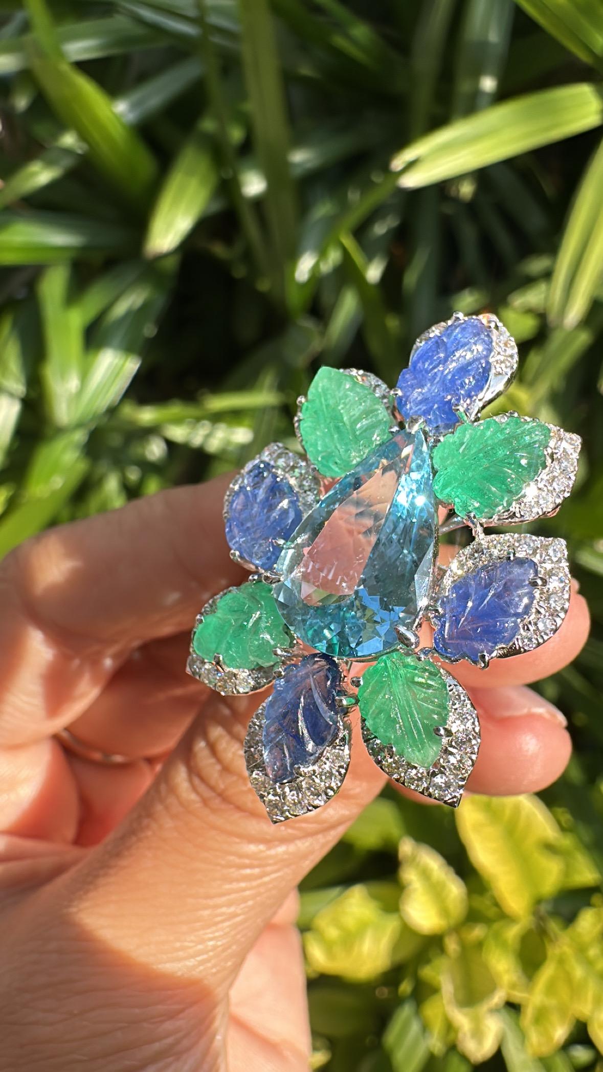 Set in 18K Gold, Aquamarine, Blue Sapphires, Emeralds & Diamonds Cocktail Ring For Sale 1
