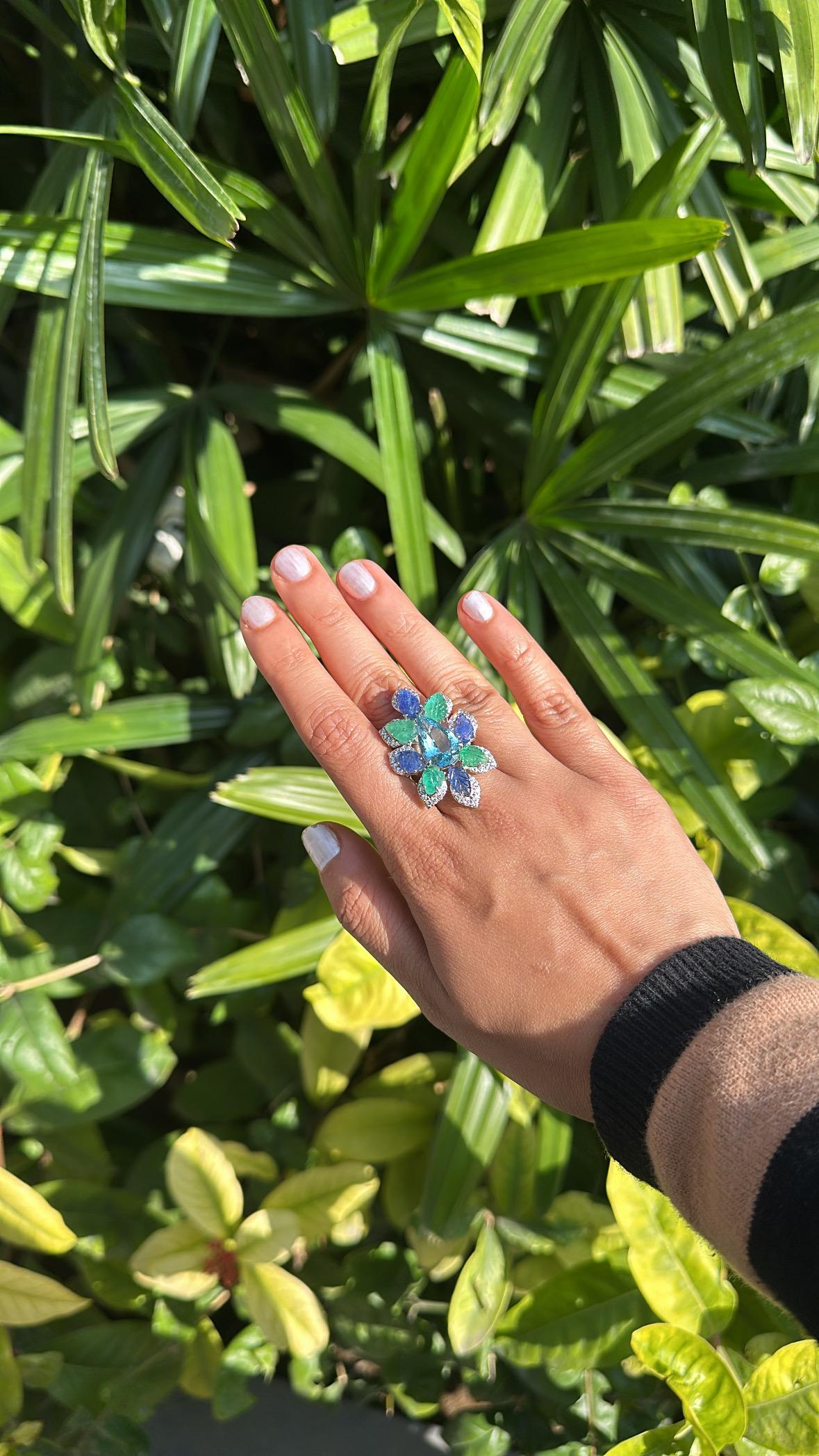 Set in 18K Gold, Aquamarine, Blue Sapphires, Emeralds & Diamonds Cocktail Ring For Sale 2