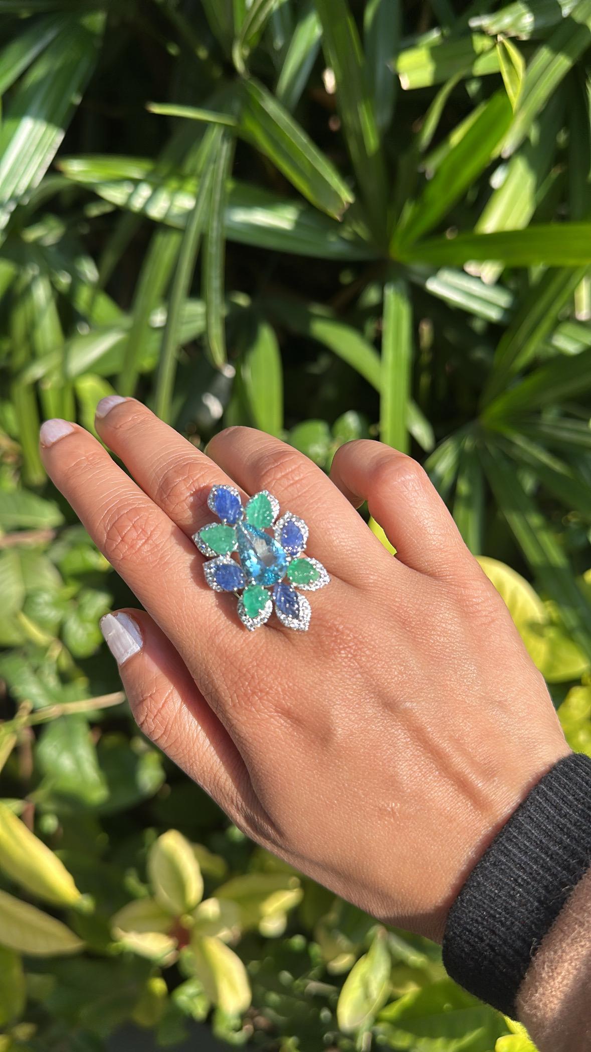 Set in 18K Gold, Aquamarine, Blue Sapphires, Emeralds & Diamonds Cocktail Ring For Sale 3