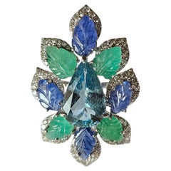Set in 18K Gold, Aquamarine, Blue Sapphires, Emeralds & Diamonds Cocktail Ring