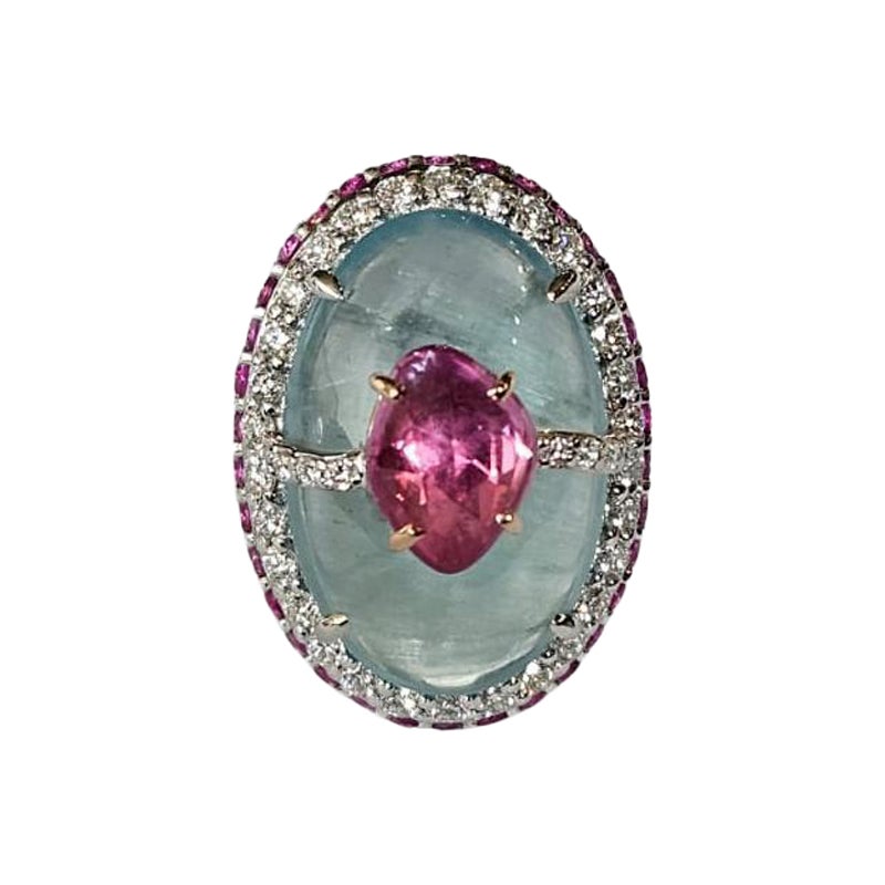 Sertie en or 18 carats, bague de cocktail aigue-marine, saphir rose et diamant Dépôt