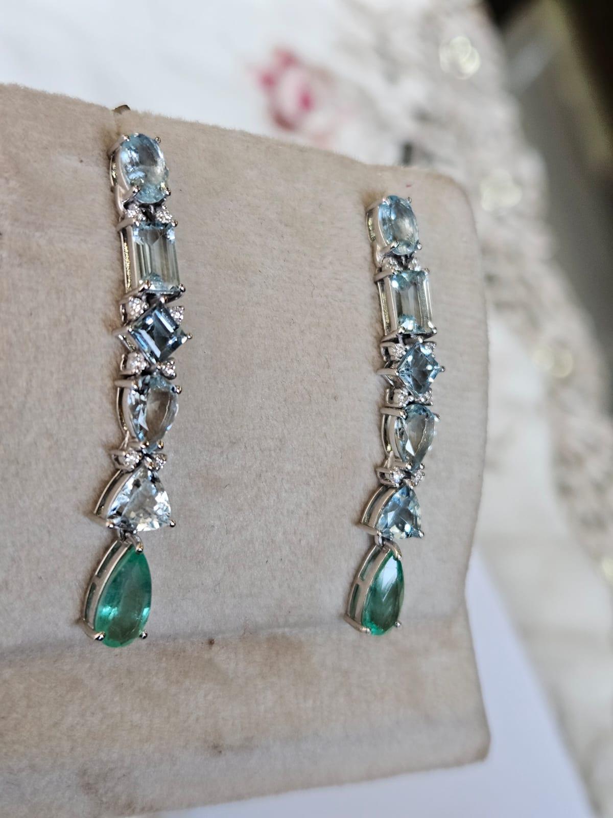 Pear Cut Set in 18K Gold, Aquamarine, Colombian Emeralds & Diamonds Chandelier Earrings For Sale