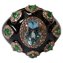 Set in 18K Gold, Aquamarine, Emerald 
Black Enamel Art-Deco Style Cocktail Ring