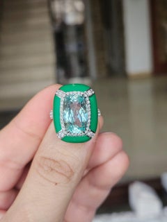 Verlobungsring aus 18-karätigem Gold, Aquamarin, grüner Emaille und Diamanten im Art-Deco-Stil