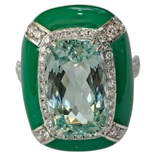 Set in 18K Gold, Aquamarine, Green Enamel & Diamonds Art Deco Engagement Ring